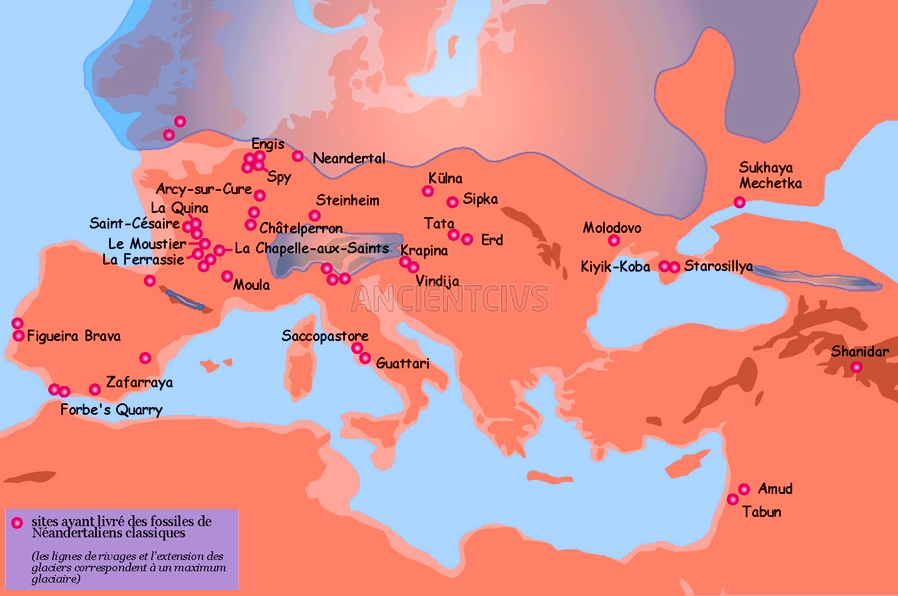 места находок ископаемых неандертальцев