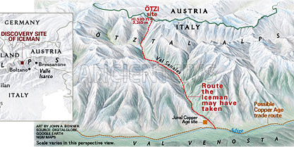 местонахождение найденного ледяного человека Эци на карте Австрии и Ит